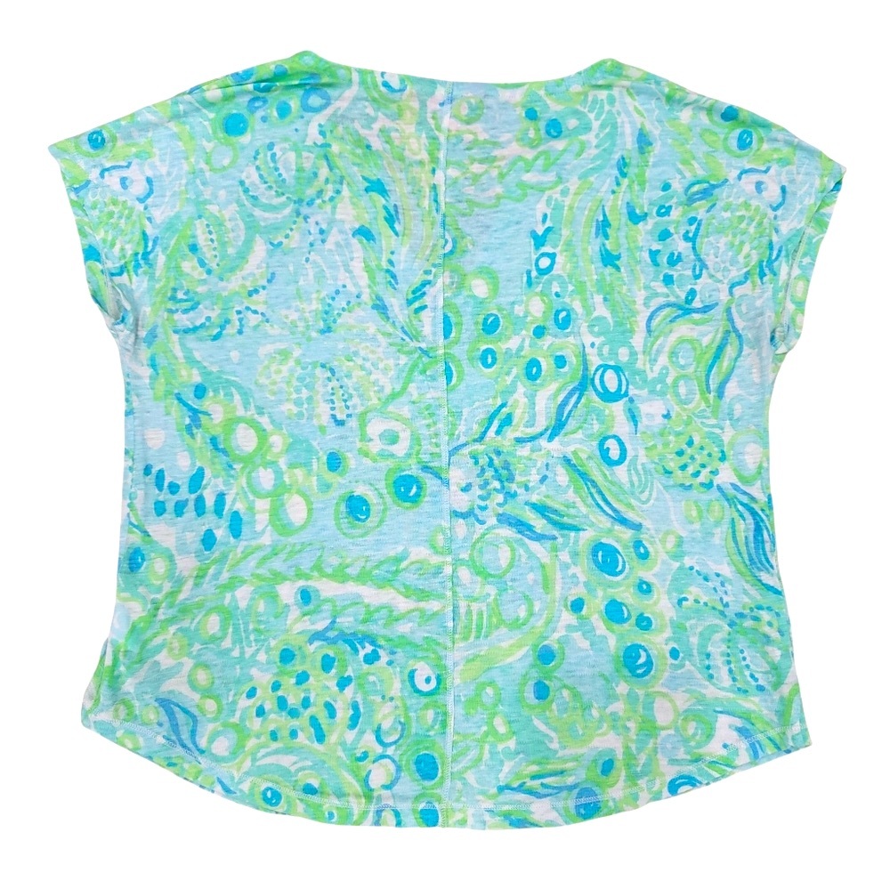 Lilly Pulitzer Linen Duval Notch Top Green Blue Cap Sleeve T-Shirt Women’s Small - Picture 4 of 15
